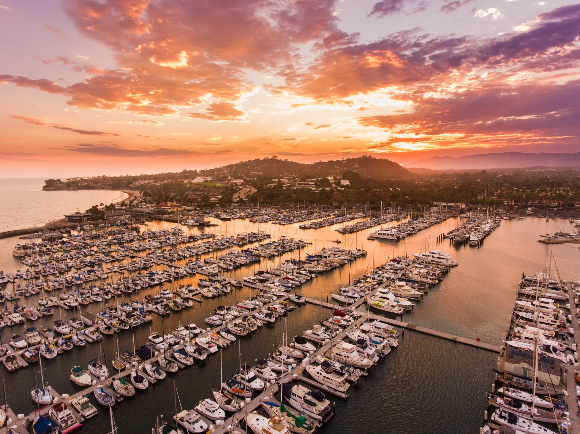 aerial view of Santa Barbara harbor at sunset, Santa Barbara, Ca
