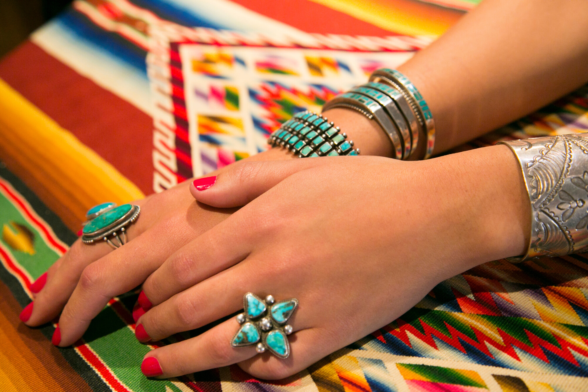 Model displaying Jewelry for Sale, Santa Fe, New Mexico, USA.